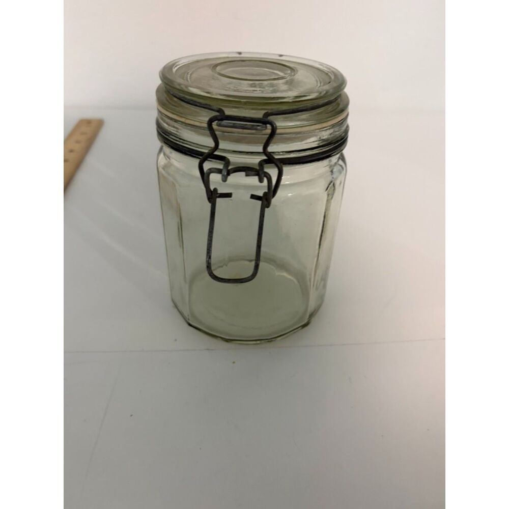 vtg clear glass hexagonal canister jar with wire bail and glass lid